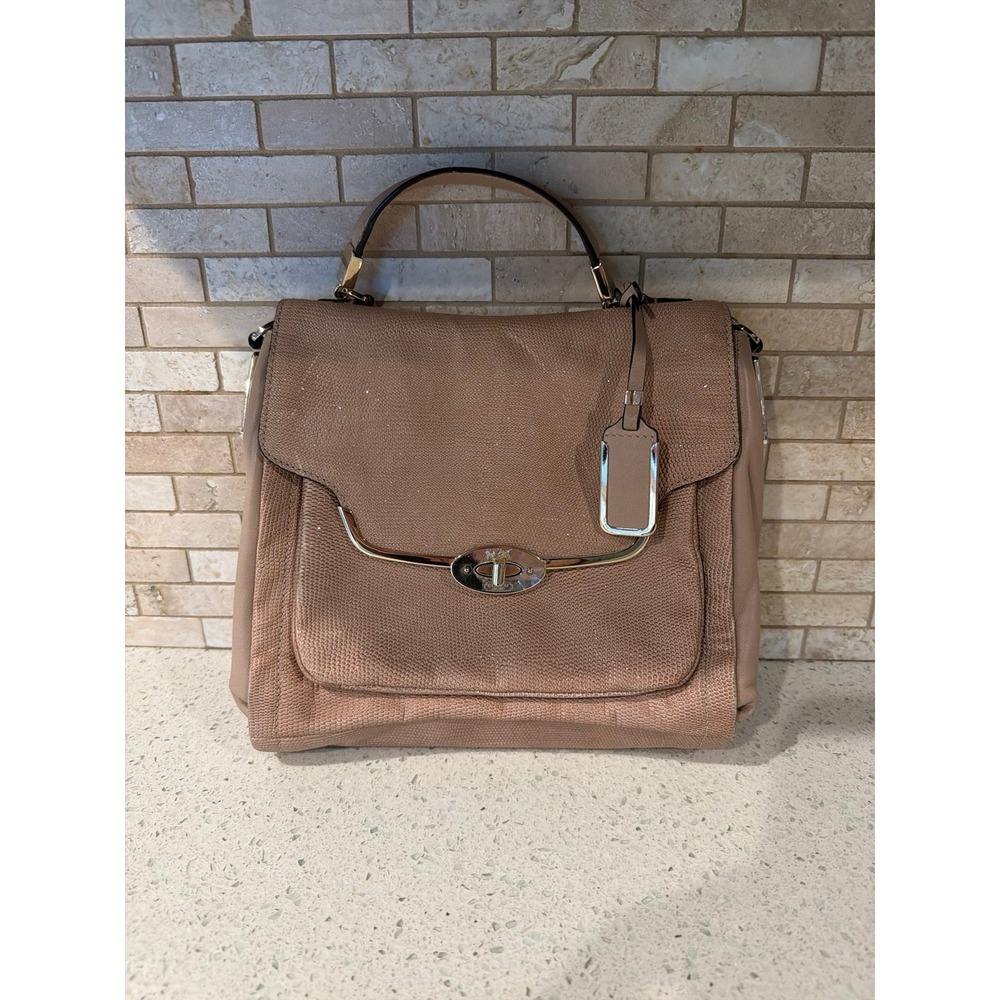 COACH Beige Gold Tan Buff 26324 MADISON SADIE Flap Satchel GLITTER Lizard